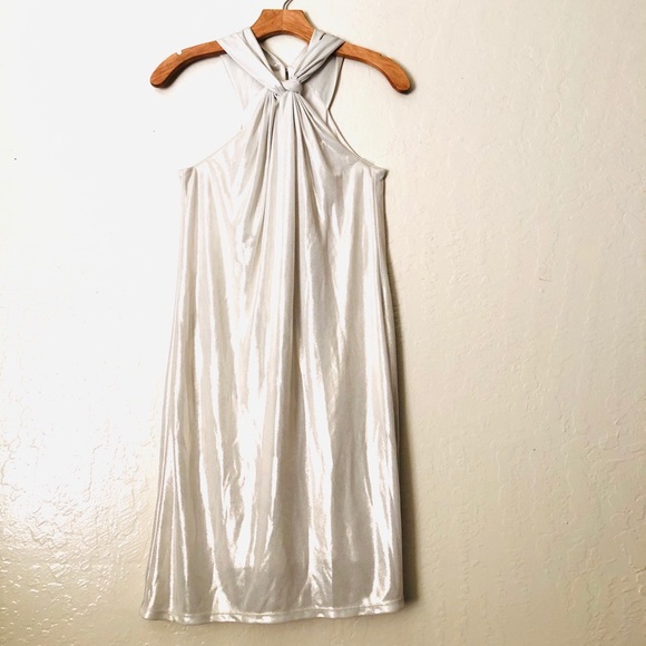 NEW Halston Heritage Knot Drape Neck short dress in Pale Gold size X-Small - Picture 2 of 14